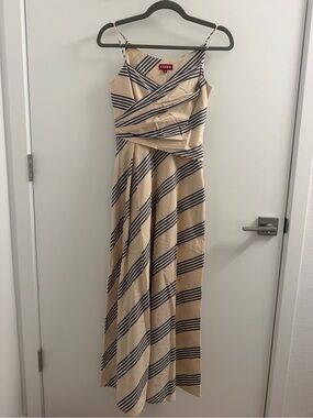 STAUD Beige Maxi Dress with Black Diagonal Stripes